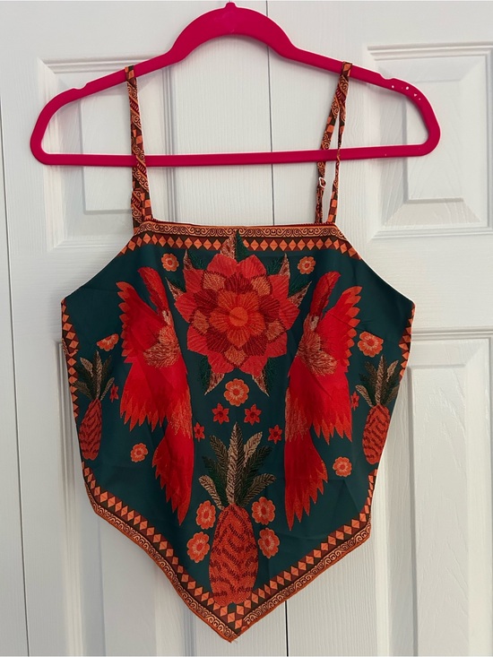 SHEIN Tops - SHEIN Green Handkerchief Hem Cami with Red Floral & Parrot Print